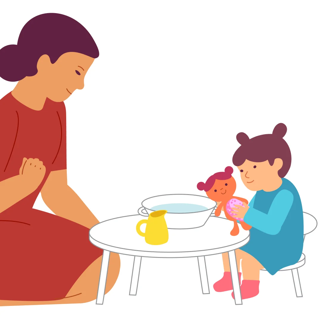 Illustration for “Bath Time for Dolly”, step 3: Offer to keep going.