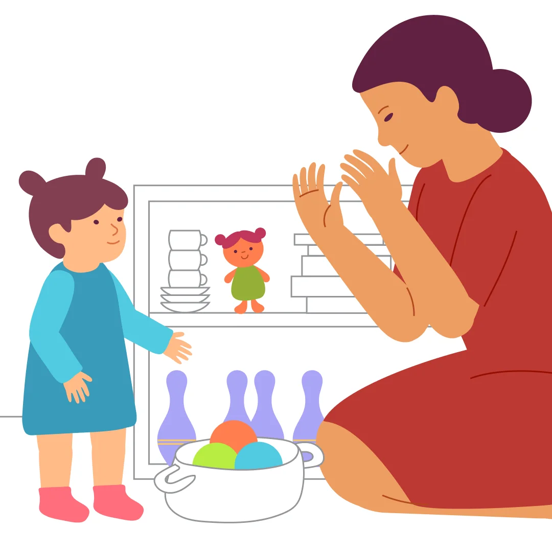 Illustration for “Bowling Alley. Wait for the signal and knock them down!”, step 1: Make sure the ball is where your child usually finds it.