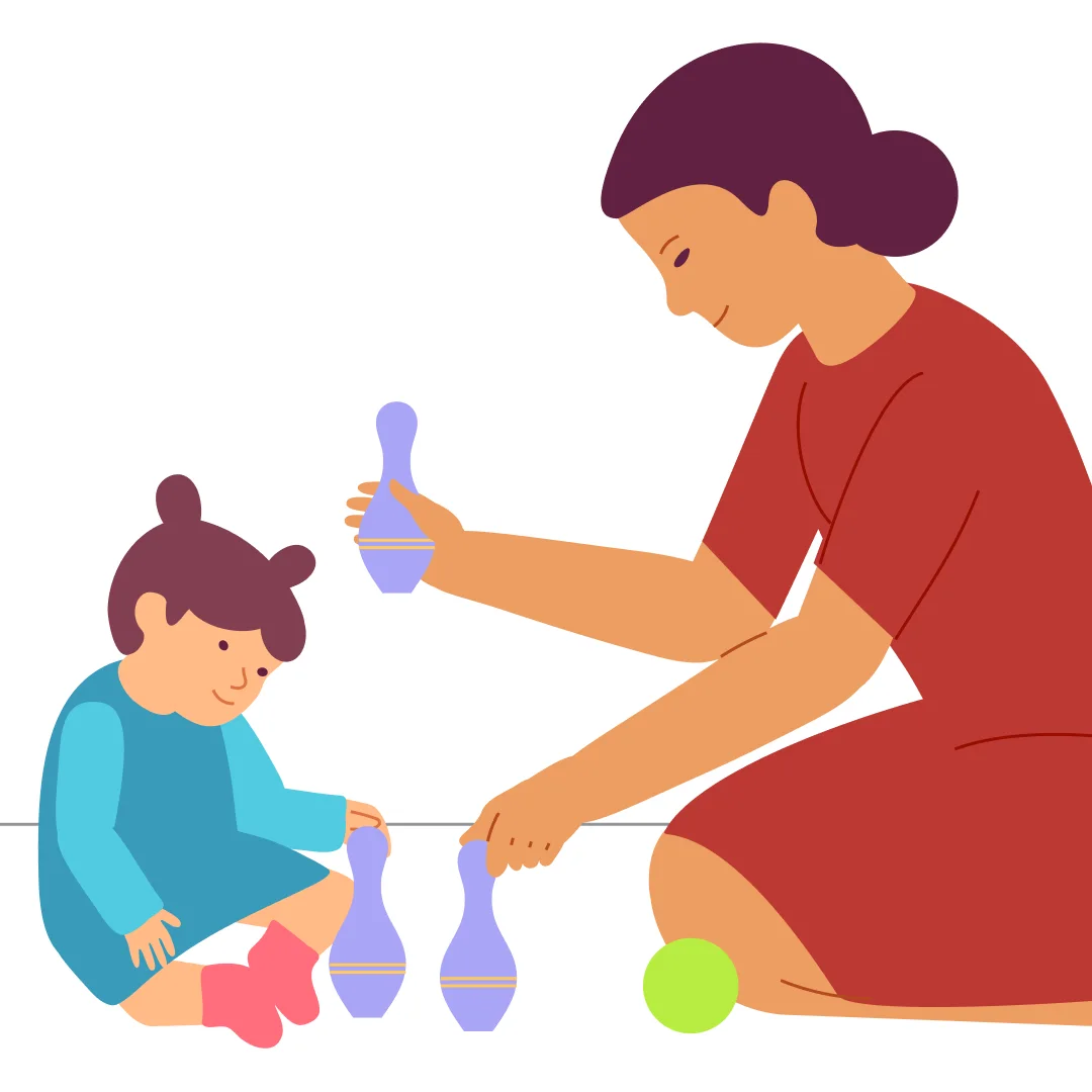 Illustration for “Bowling Alley. Wait for the signal and knock them down!”, step 3: Take the ball, sit next to your child and say, "Now Mommy will throw.