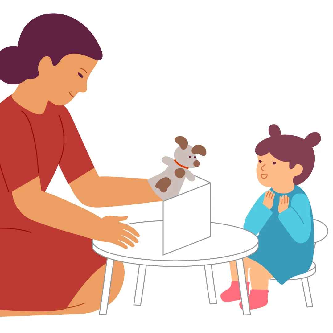 Illustration for “Clap and Play!”, step 2: Invite your child to clap: "Clap like Mommy — clap, clap." In response to the clapping the puppy appears behind the screen.