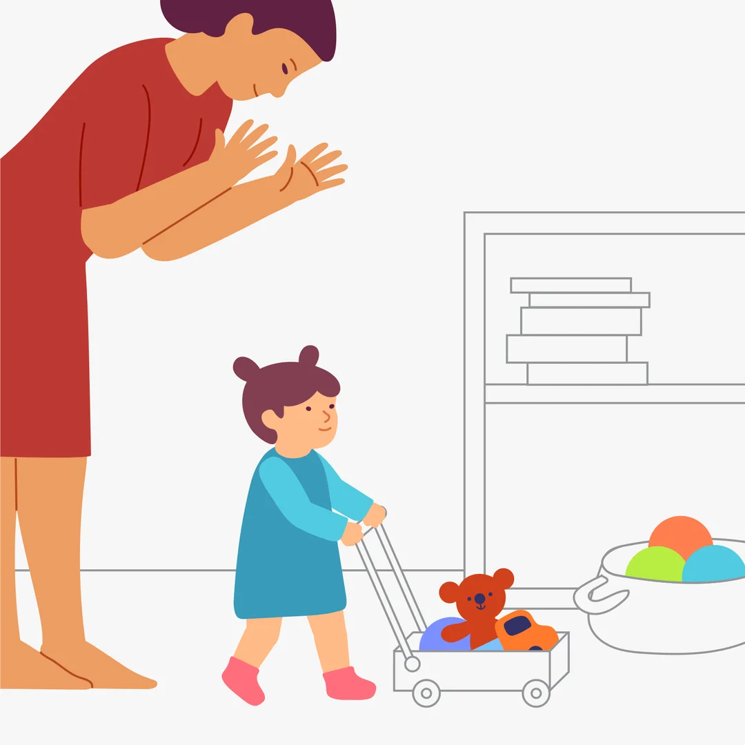 Illustration for “Pick Up Toys”, step 3: When all the toys are collected, summarize: "We put away all the toys: the bear, the bunny, the kitty, the car, the ball." Suggest, "Take the toys to (name the place), and we'll watch a cartoon." Sit