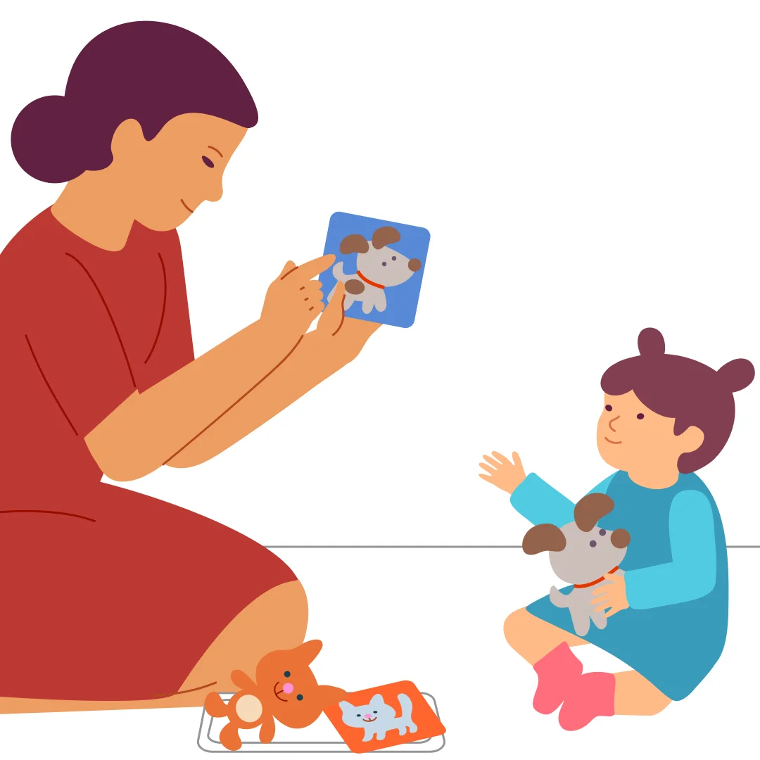Illustration for “Animal Pairs”, step 1: Show the puppy to your baby and say, "Who is this?