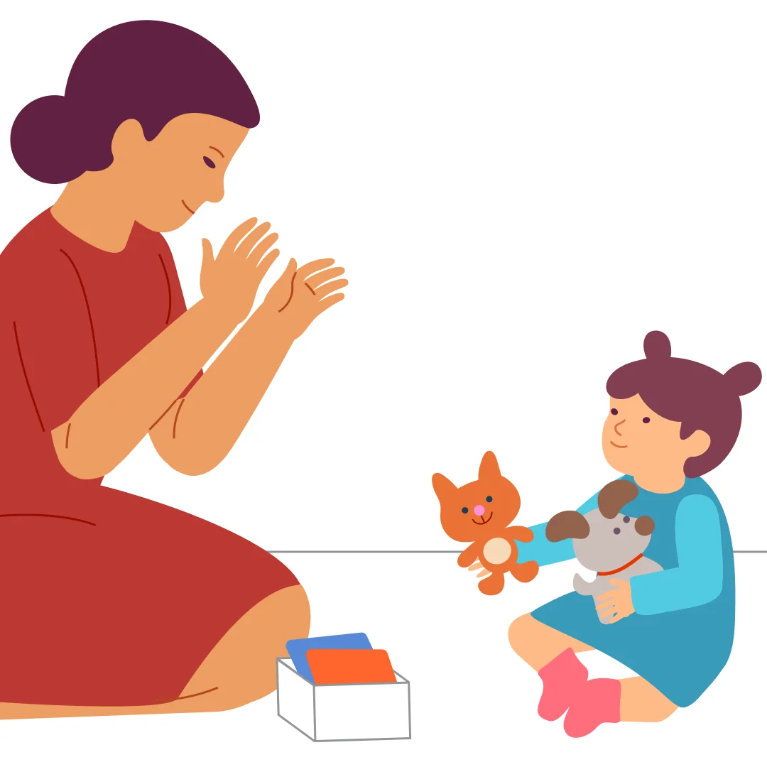 Illustration for “Animal Pairs”, step 3: Ask your child, "Put the pictures in the box." Praise your baby for doing the task.