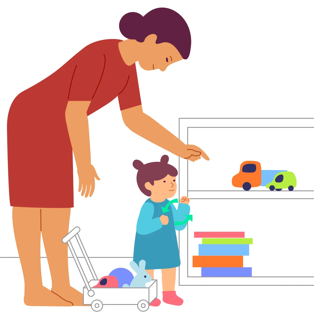 Illustration for “Take Toys Home”, step 1: Put toys in a container or a wheeled cart.