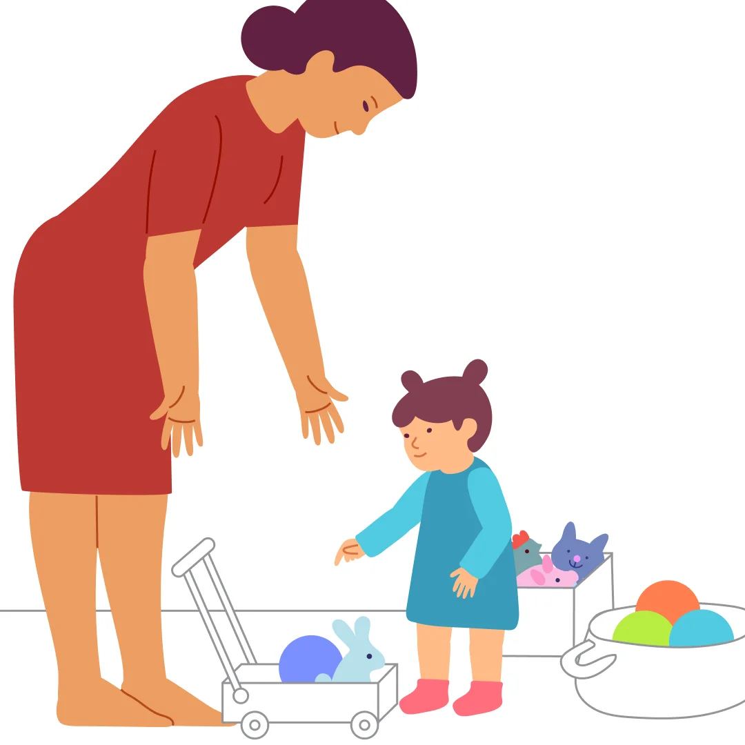 Illustration for “Take Toys Home”, step 3: If your toddler points to or names the ball, go together to the balls: "Yes, let’s take the ball.
