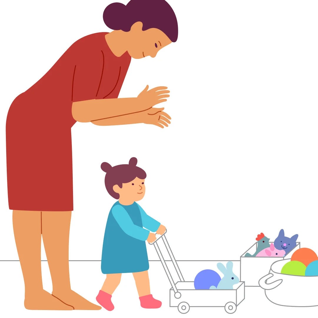 Illustration for “Take Toys Home”, step 4: Ask, "What else is in the cart?
