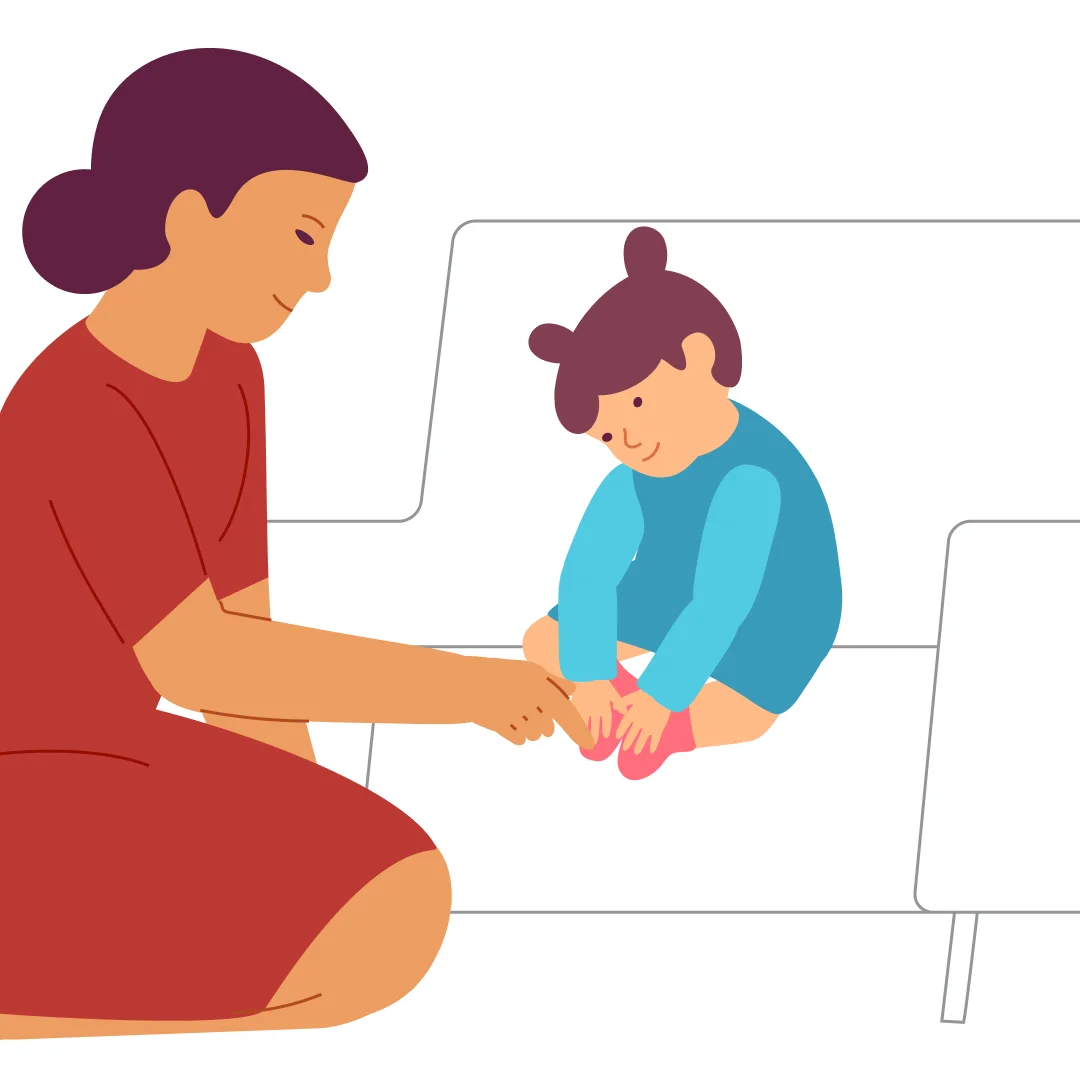 Illustration for “Point to Body Parts”, step 2: Next show your knees and say, "Here are Mommy’s knees.