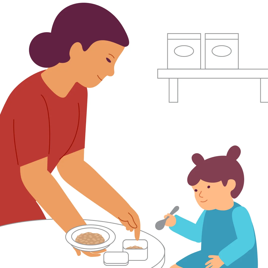 Illustration for “Feed the Birds”, step 2: Put a bowl of seeds or grain in front of {{CHILD_NAME}}.