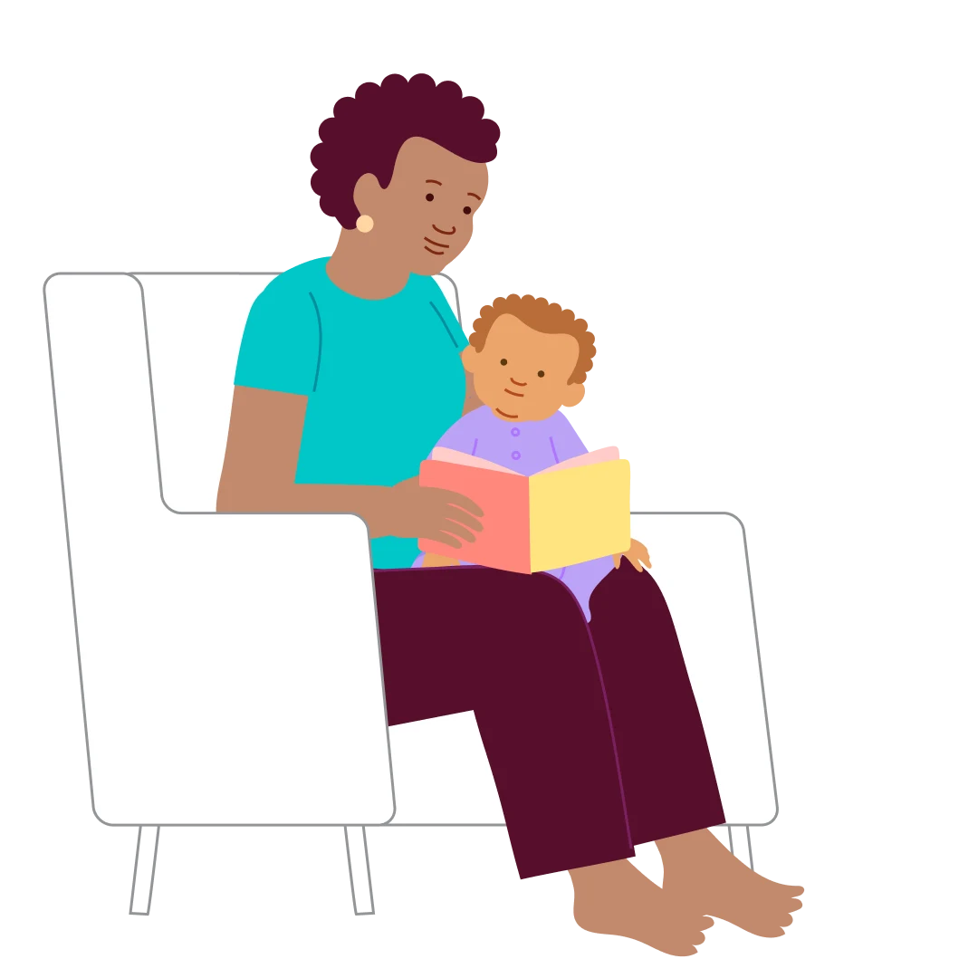 A caregiver and baby share a picture book while sitting together at home.