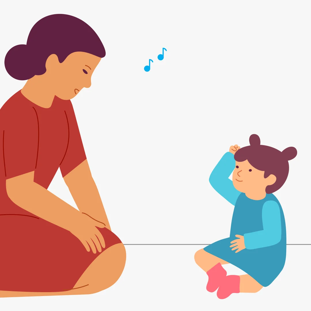 Illustration for “Show What We Did”, step 2: Ask: “Show me how we brush our hair!” When your child shows you, sing and pretend to brush your hair.
