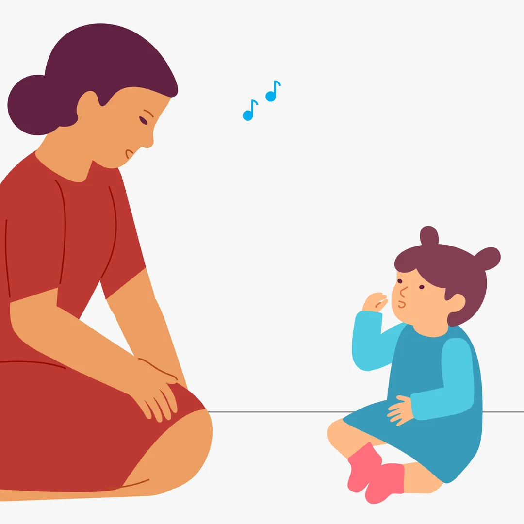 Illustration for “Show What We Did”, step 3: Ask: “Show me how we eat!” When your child shows you, sing and pretend to eat.