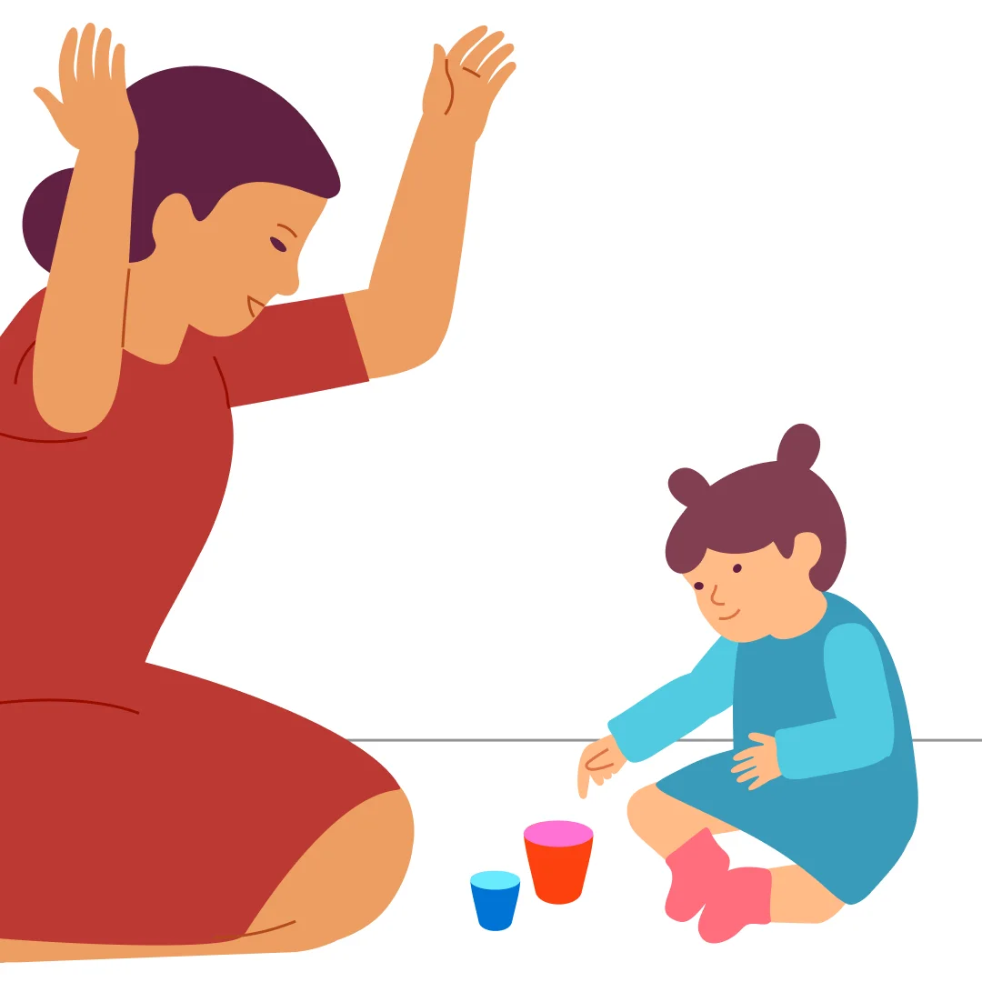 Illustration for “Stacking Cups”, step 1: Prepare two cups of different sizes and colors (for example, a big red one and a small blue one).