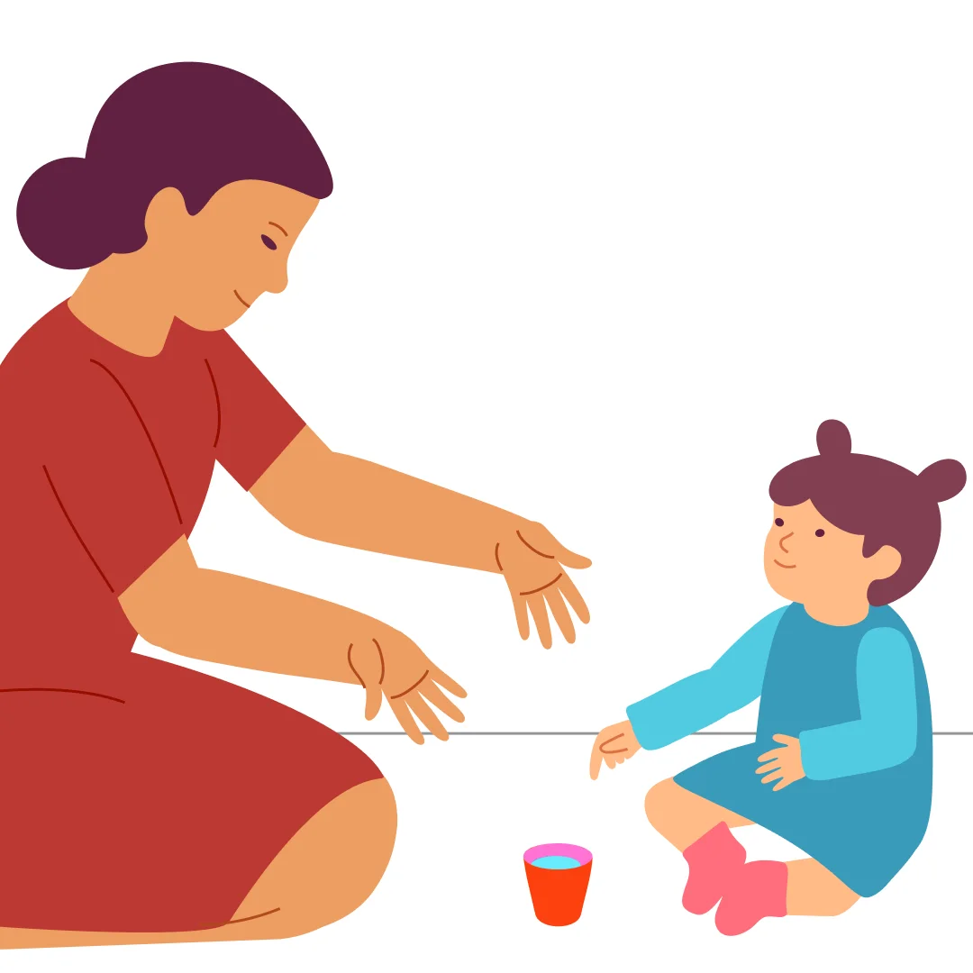 Illustration for “Stacking Cups”, step 2: Say, "I will put the little cup inside the big one!".