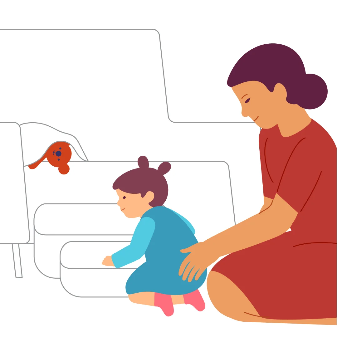 Illustration for “Mountain Climber”, step 1: Gather wide, sturdy things of different heights — for example, a sofa cushion, a small suitcase, a flat but well‑stuffed backpack, and so on.