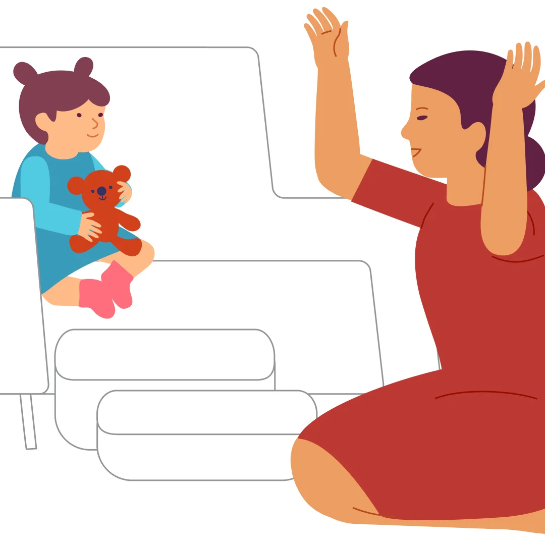 Illustration for “Mountain Climber”, step 4: On the sofa praise your child for trying hard: “Way to go, you climbed so high!”.