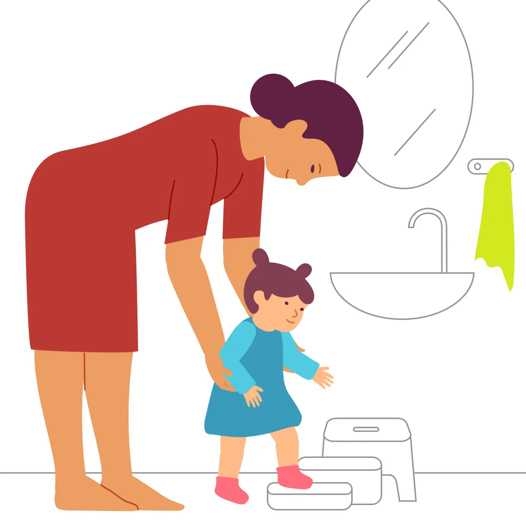 Illustration for “Step by Step”, step 1: Gather the step stool you use for hand washing.