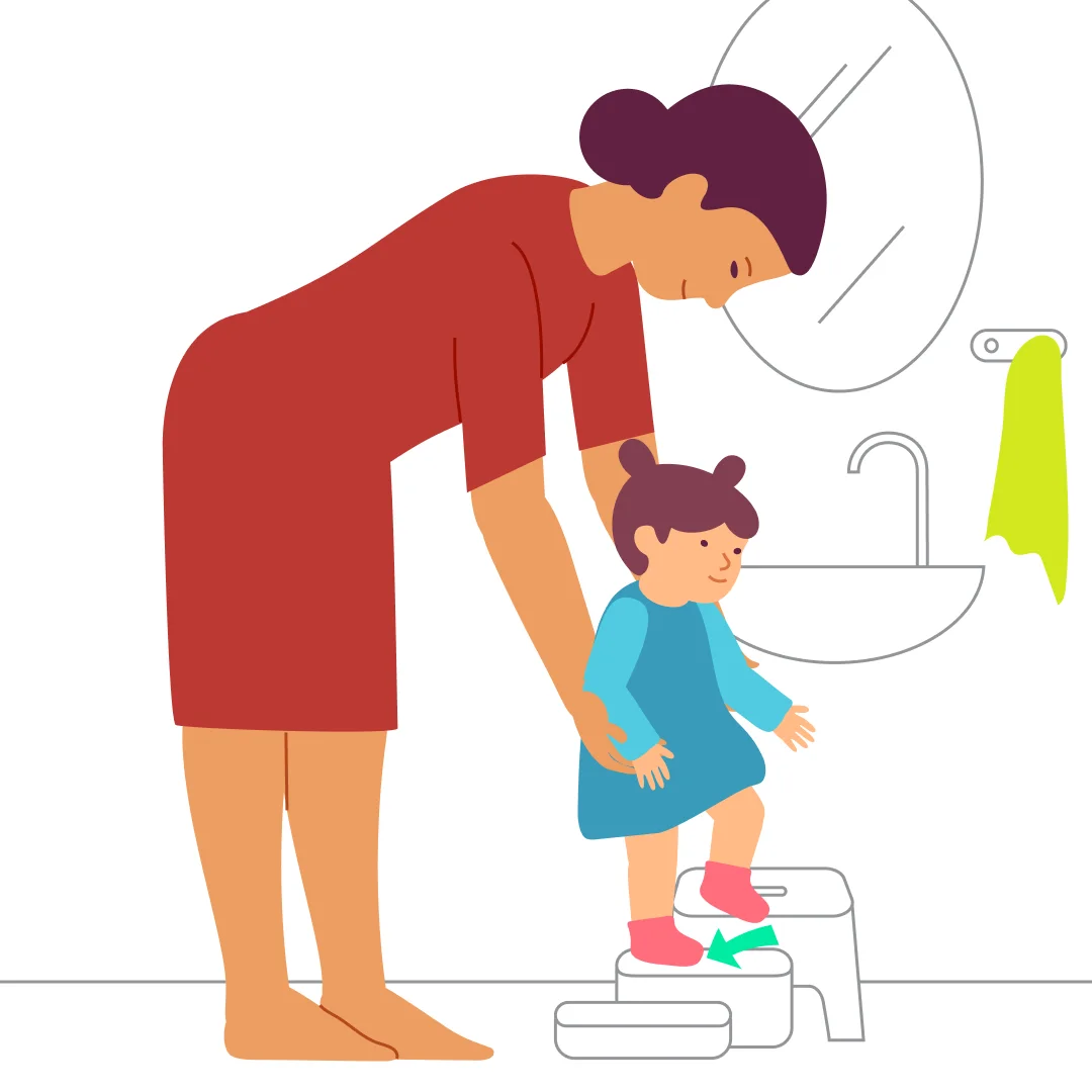 Illustration for “Step by Step”, step 3: Keep holding both hands and shift their weight onto the left foot.