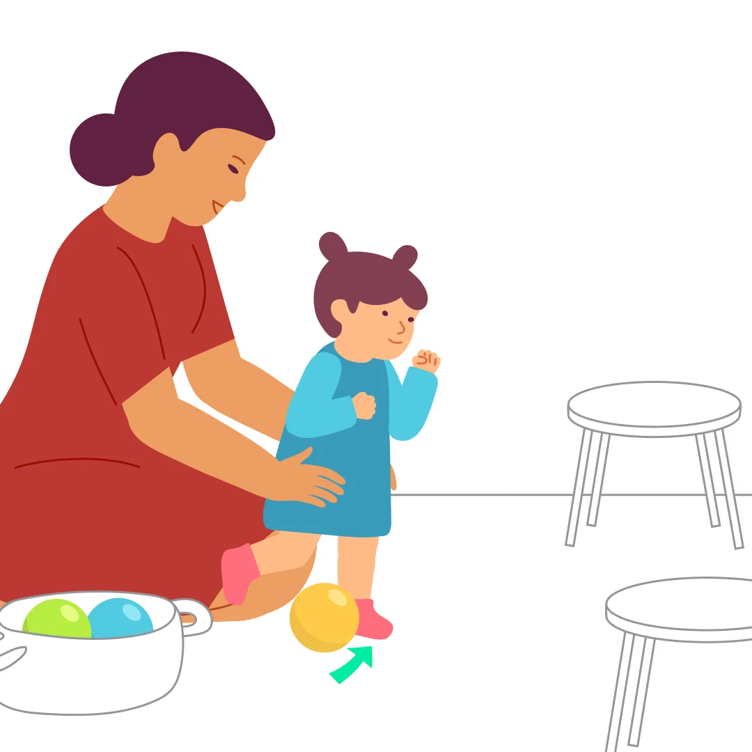 Illustration for “"Goal!"”, step 2: Help your child shift weight onto one foot while you hold their hips.