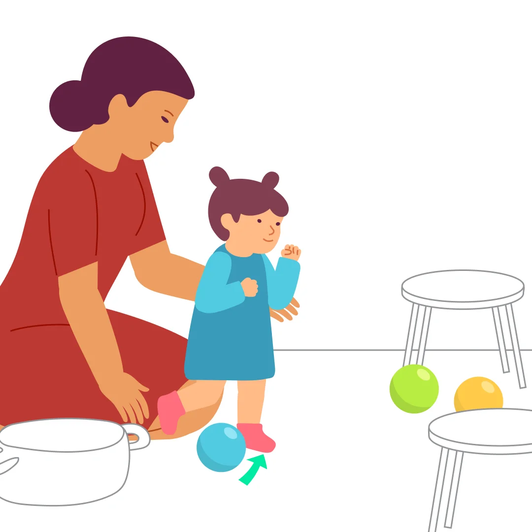 Illustration for “"Goal!"”, step 4: If your child is steady shifting weight, hold them only under the armpit on the side of the standing leg.