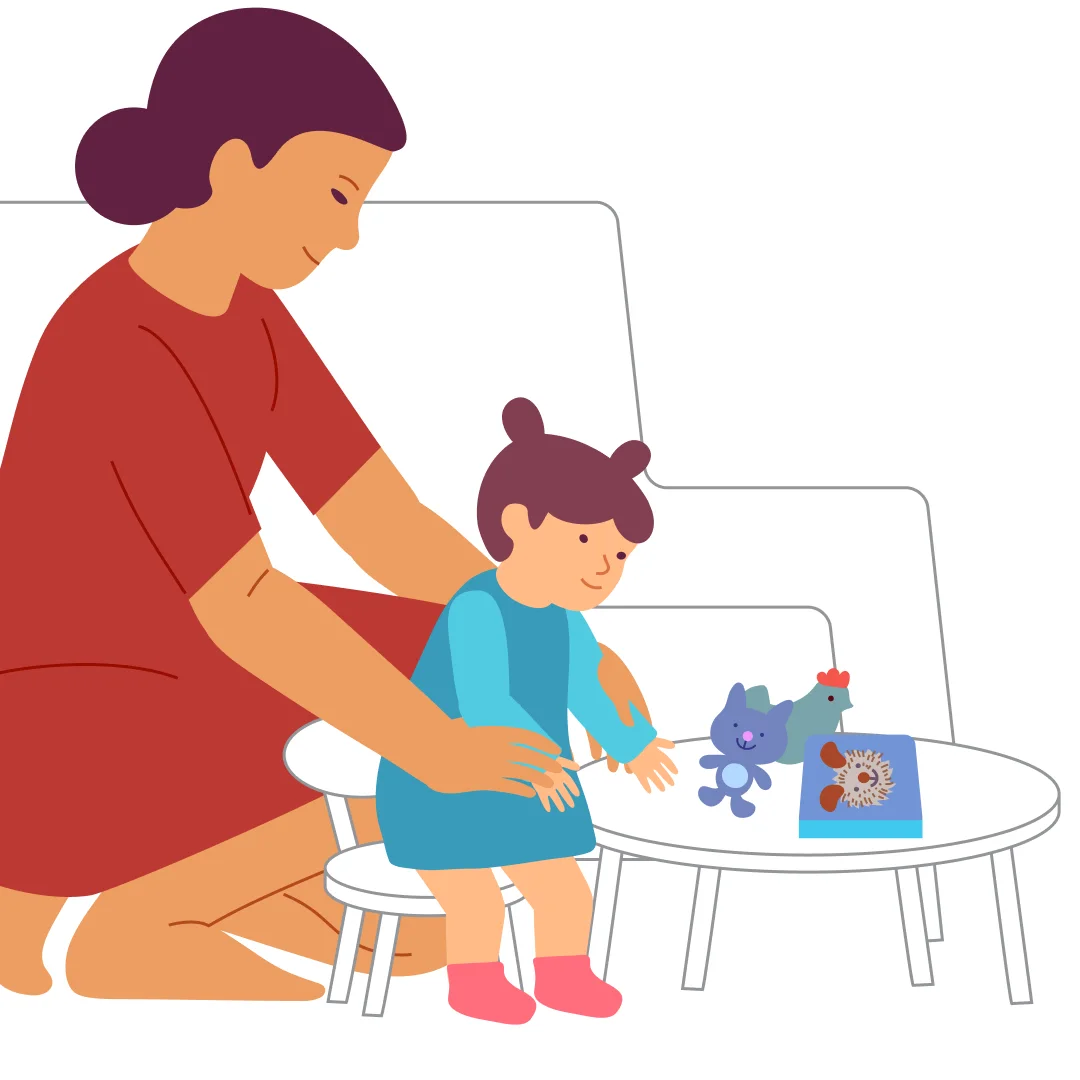 Illustration for “Sit on Chair”, step 4: When the play is over, put the toys in a box and push the table aside.
