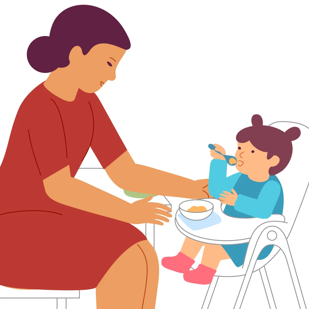 Illustration for “"Yum-Yum, Spoon!"”, step 4: Invite the child to scoop the porridge by themselves.