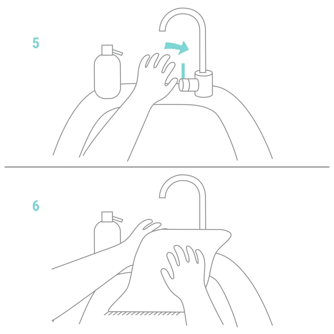 Illustration for “Washy-Washy Adventure”, step 3: Point to the first card: "We need to open the tap." Open the tap and set a comfy water temperature.
