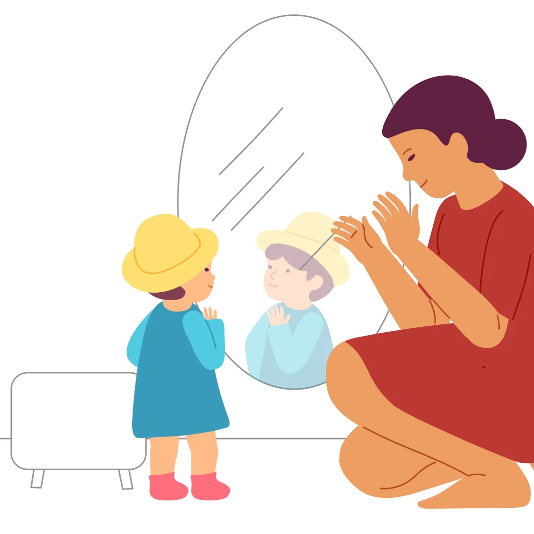 Illustration for “Learning to Put on a Hat”, step 4: When the child puts the hat on, turn with them toward the mirror and praise them, "You did so well!".