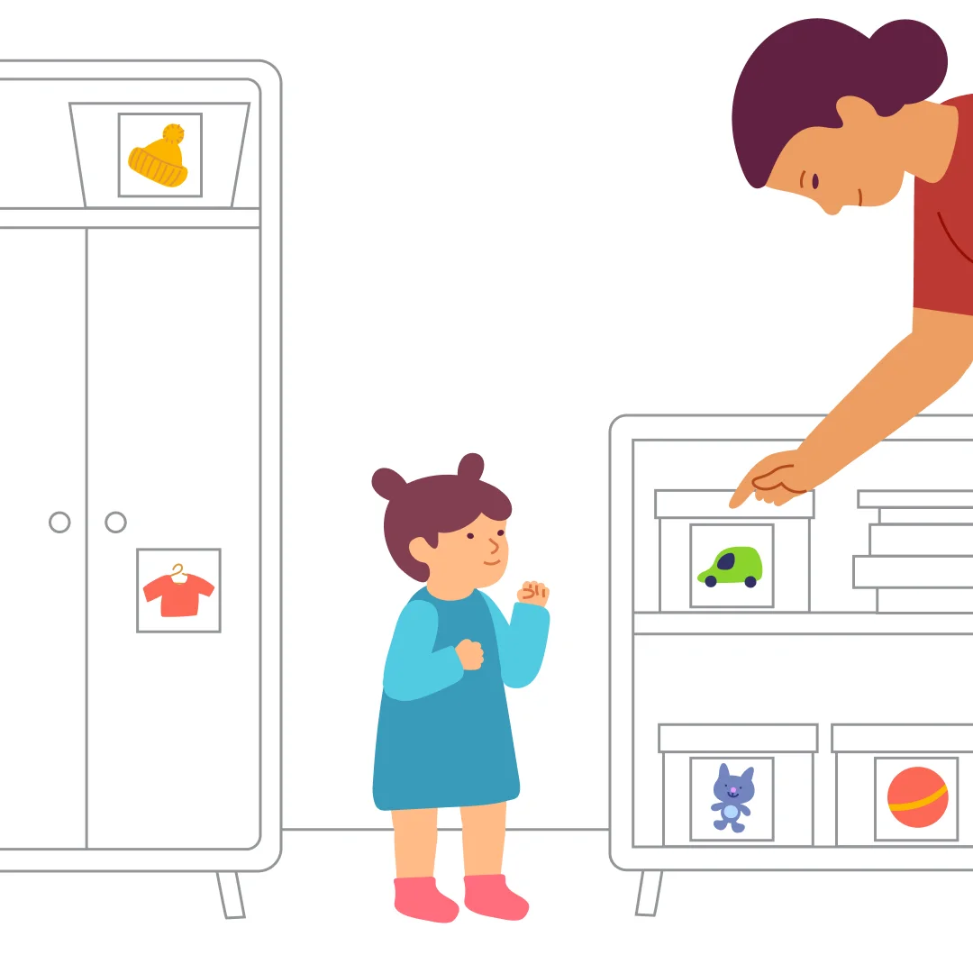 Illustration for “"Where Things Live"”, step 1: Get 10x10 cm cards showing kids’ things, toys, plates, food, toiletries, and shoes.