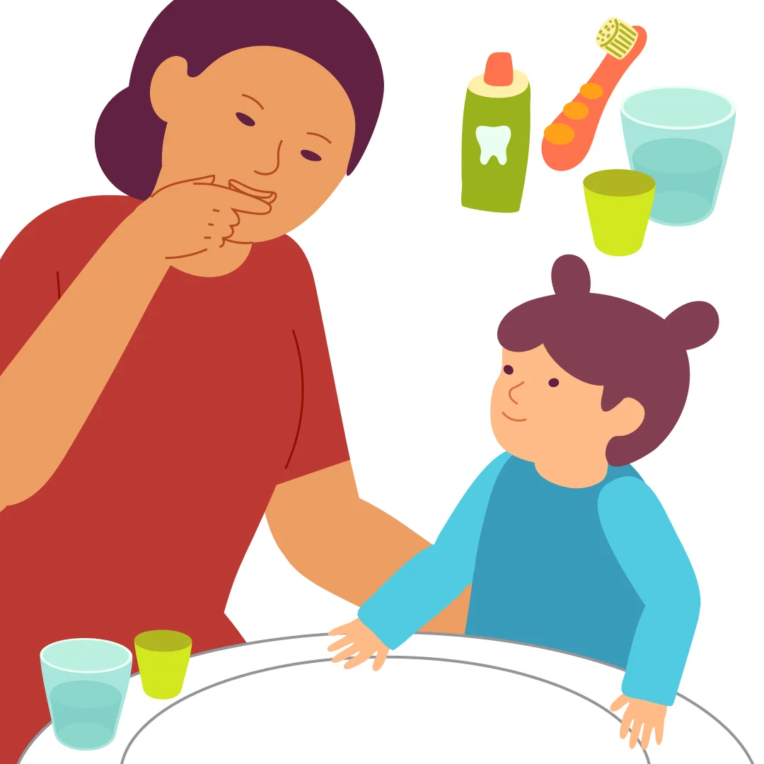 Illustration for “Brush-Brush, Teeth!”, step 1: Prepare in the bathroom a cup with a child’s toothbrush and toothpaste, and a cup with warm boiled water for yourself and for the child.