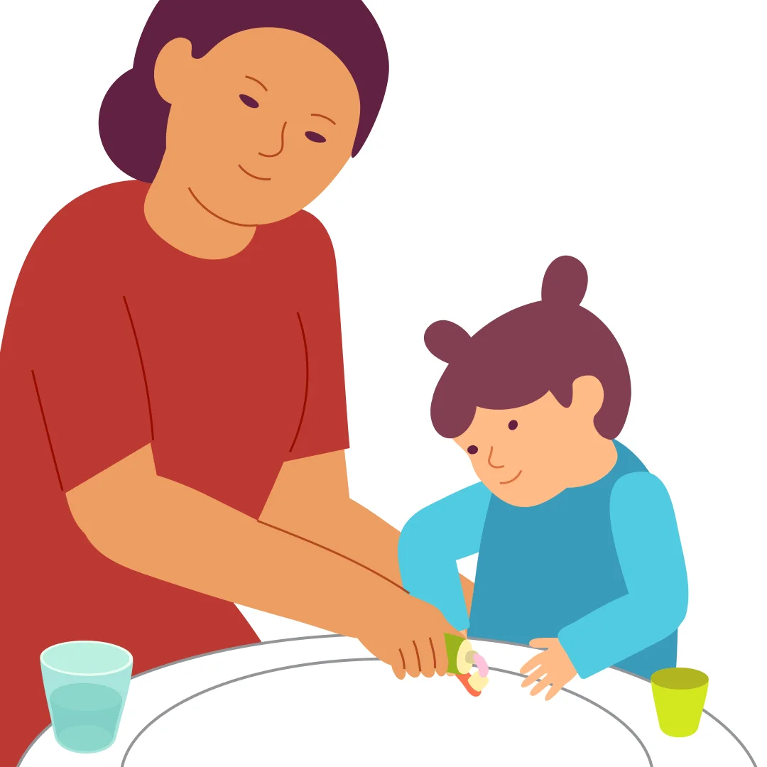 Illustration for “Brush-Brush, Teeth!”, step 3: Draw attention to the bristles of the brush: "Look, we need to put toothpaste here." Squeeze an amount of toothpaste onto the brush the size of a pea.