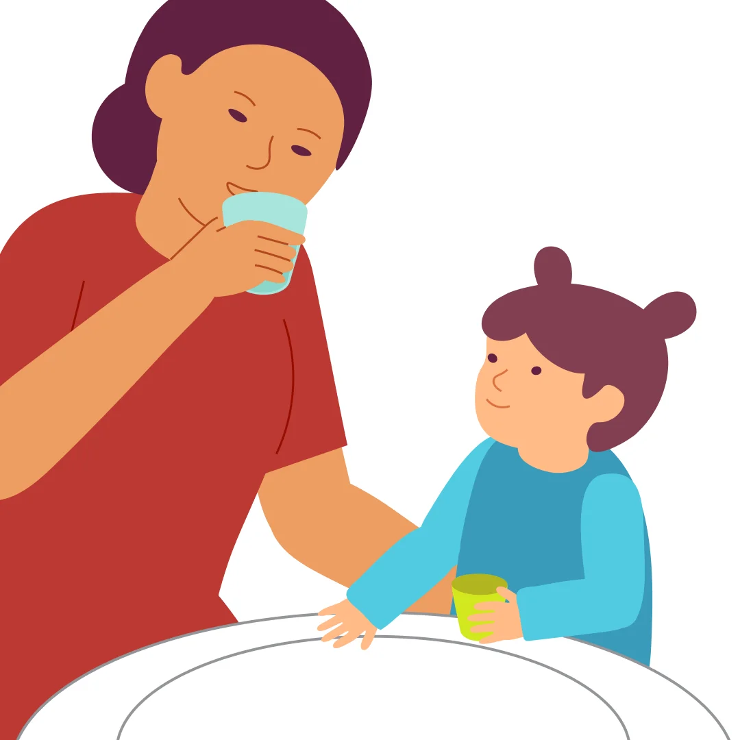Illustration for “Brush-Brush, Teeth!”, step 5: Tell the child: "Now we need to rinse the mouth." Take your cup of water and show how you do it.