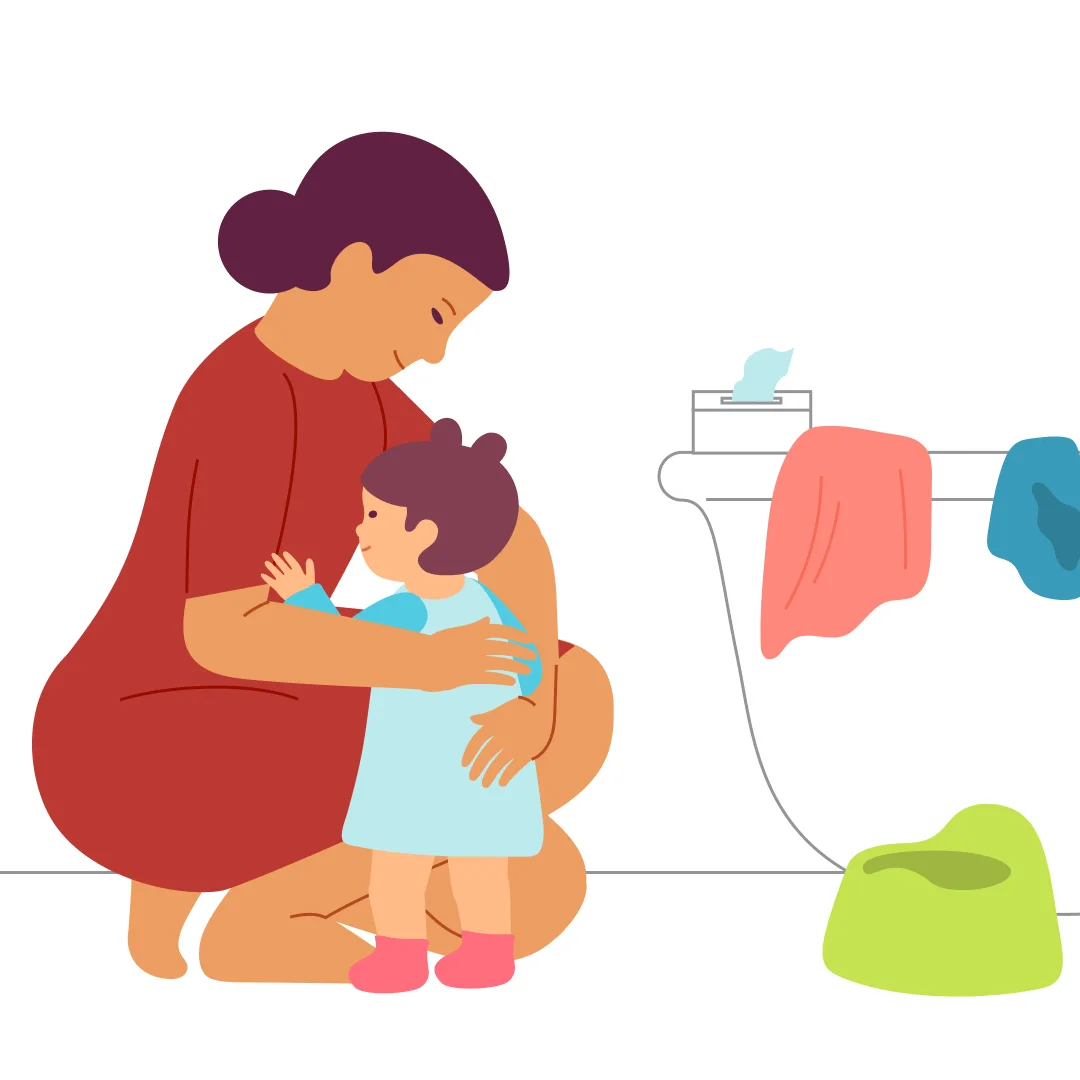 Illustration for “Potty Time”, step 4: Lift the child off the potty, carry out hygiene procedures (wipe, wash hands as appropriate), and hug the child.