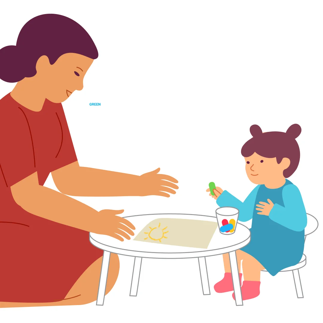 Illustration for “Draw with Mom”, step 1: Place a sheet of paper on the table and put a cup of wax crayons nearby.