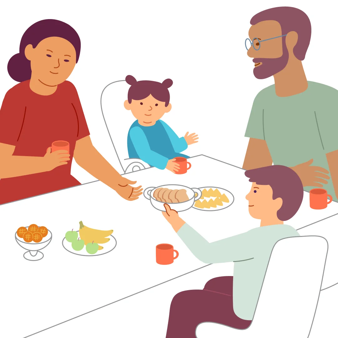 Illustration for “Sunday Lunch”, step 1: Set the table for the whole family, including the child.