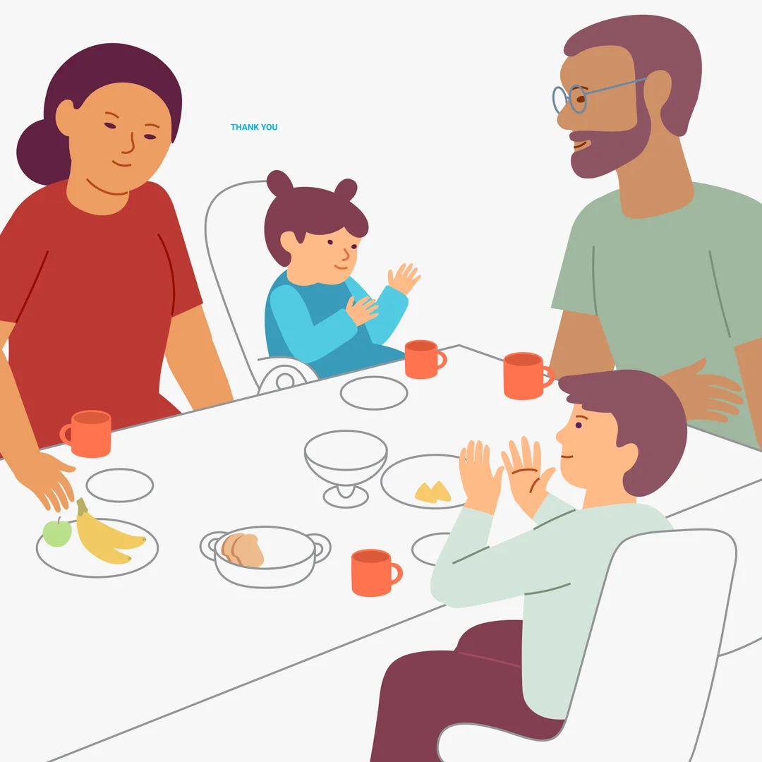 Illustration for “Sunday Lunch”, step 4: At the end of the meal, be sure to thank each other.