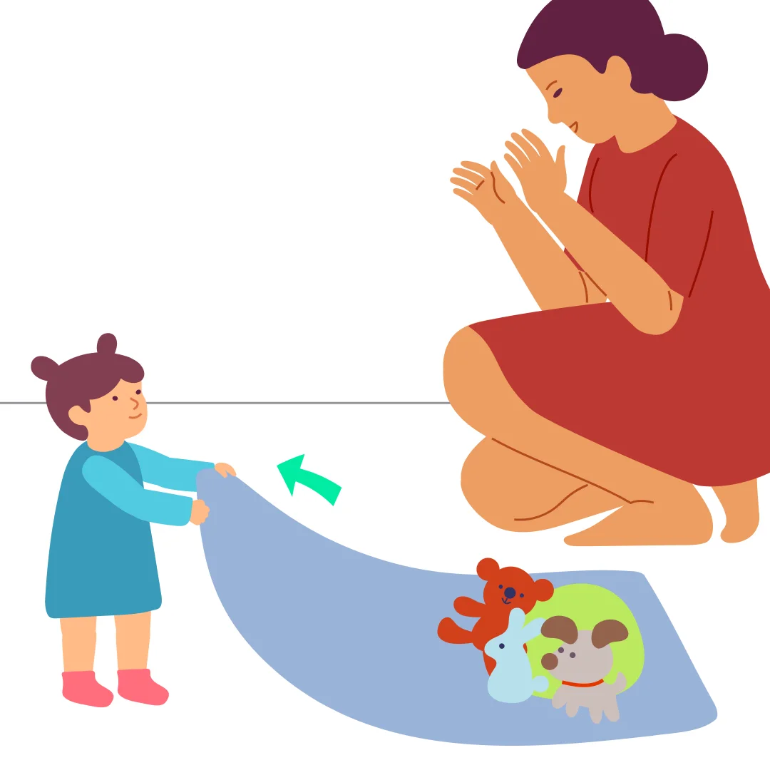 Illustration for “Blanket Ride”, step 5: Gather all the friends onto your train and, at the end of the game, let your child play “train” with them—have your little one try pulling the blanket with the toys on it.