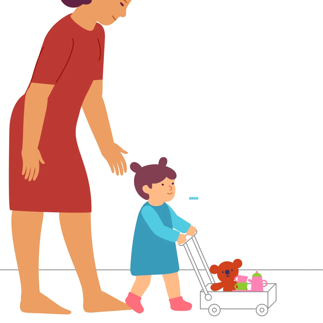 Illustration for “Push and Roll!”, step 2: “Now take Bear for a ride!” Encourage your child while they push the toy in front of them, and prompt them to choose a path without obstacles: “Hooray, Bear is off on a journey!