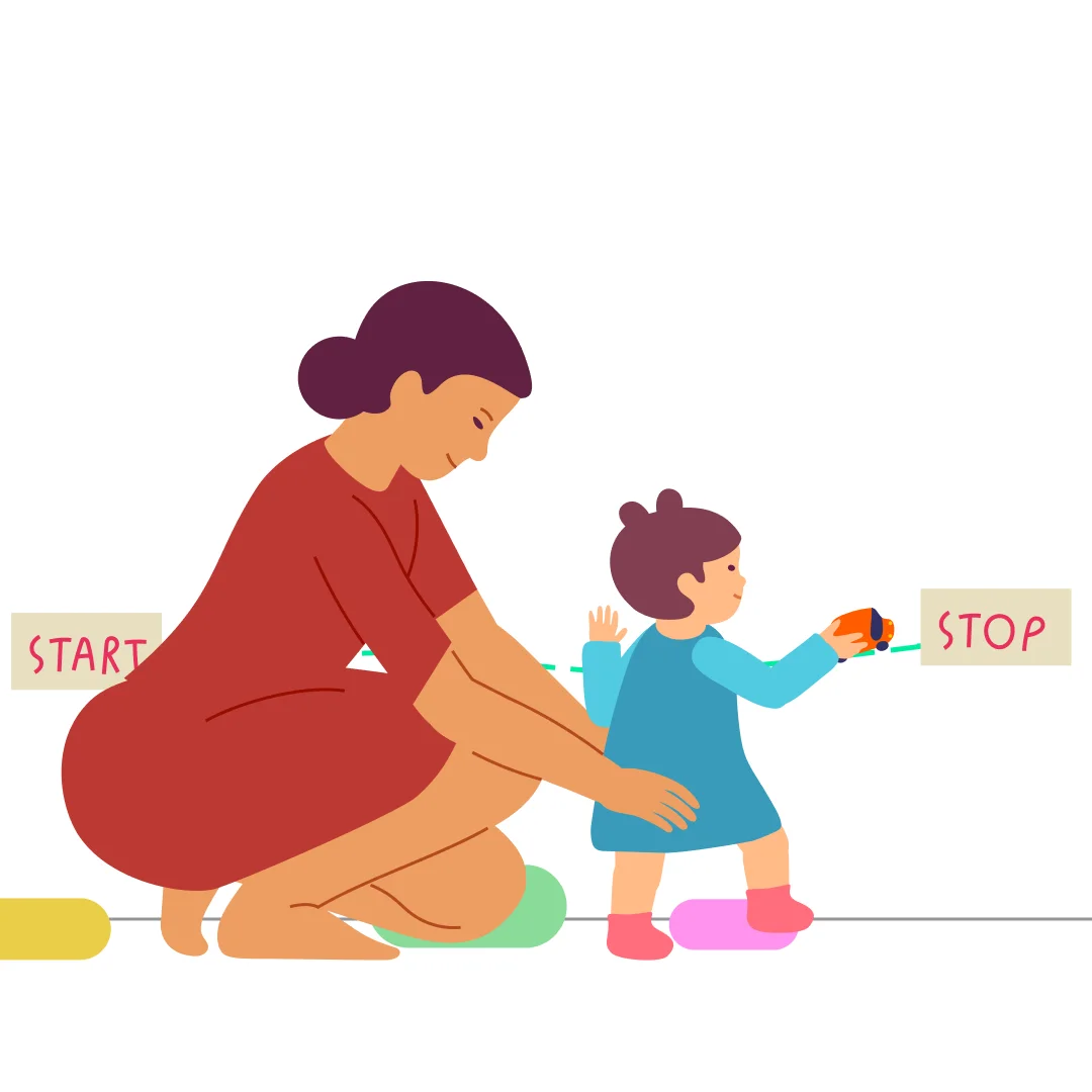 Illustration for “Cars”, step 2: Invite your child to repeat your route: move along the wall with a sideways shuffle and step over the cushions.