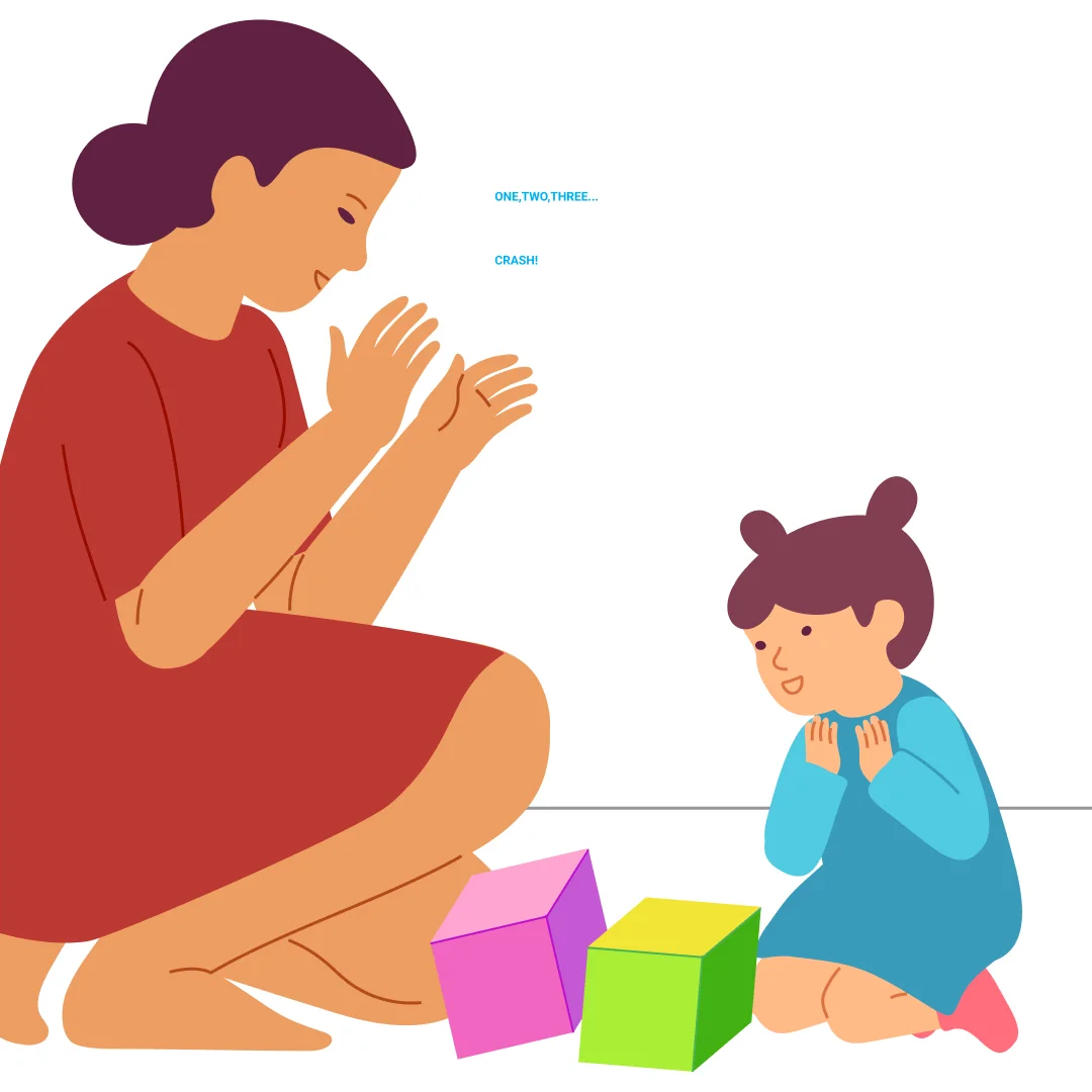 Illustration for “Build and Break”, step 2: Offer the child to destroy the tower on the command: “One, two, three—boom!”  Hold the tower from one side so the child applies effort when breaking it.