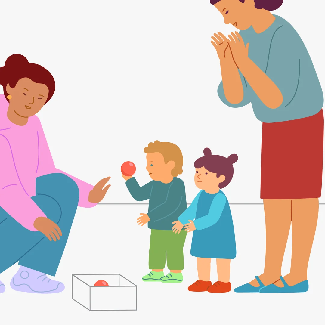 Illustration for “Catch the Ball!”, step 2: Then suggest to another child: “We’ll play by turns.
