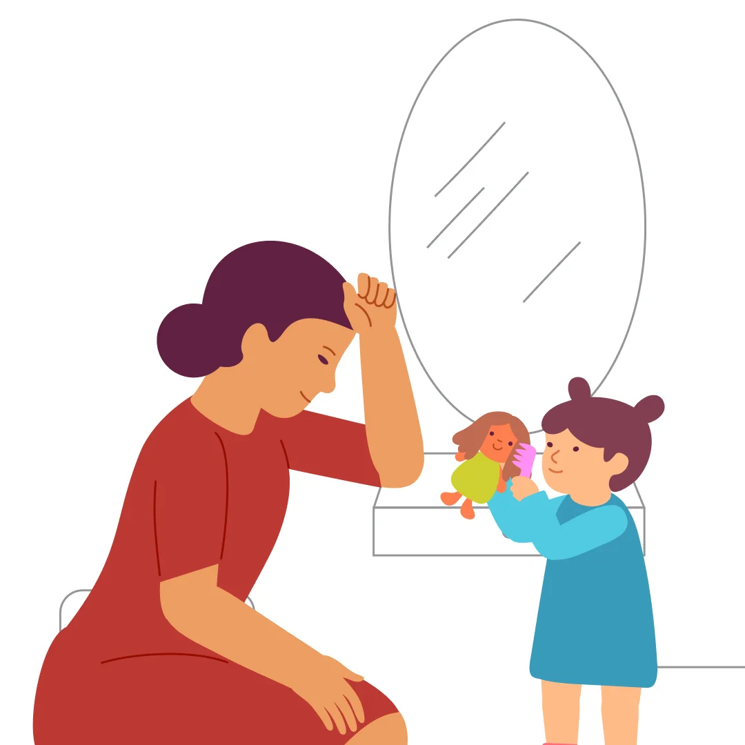 Illustration for “Brush Your Hair”, step 2: Prepare your child for combing in advance: show a doll with hair and a toy comb, and say, “Let’s go comb the baby doll.” Go to the mirror.