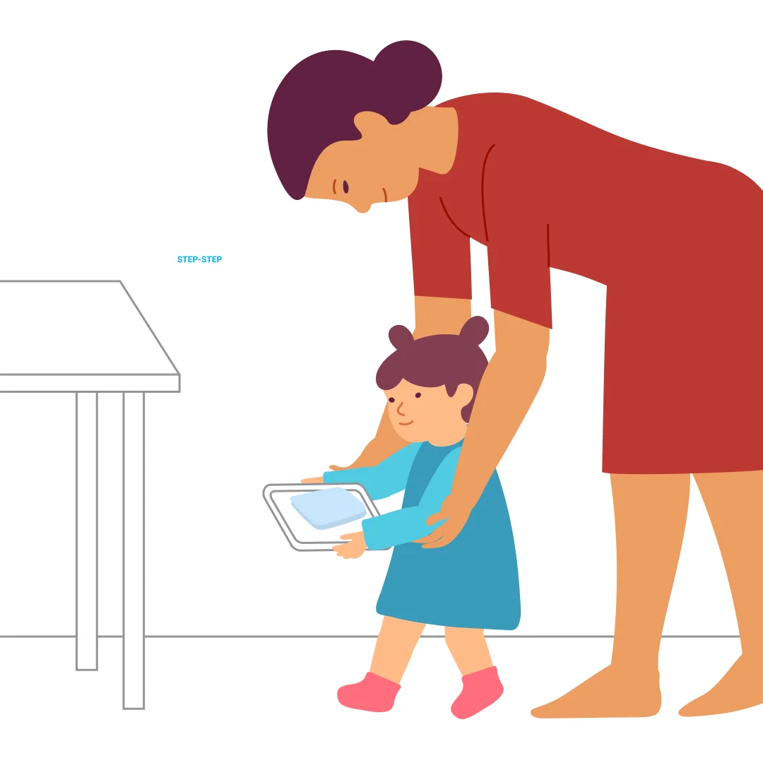 Illustration for “Kitchen Helpers”, step 2: At first, it’s enough for your child to take just a few steps.