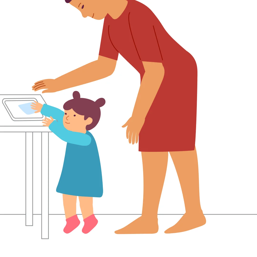 Illustration for “Kitchen Helpers”, step 4: If your child can reach the tabletop by standing on tiptoes, lay out the napkins together: “Put it here.” Then praise and reinforce: “Good job!