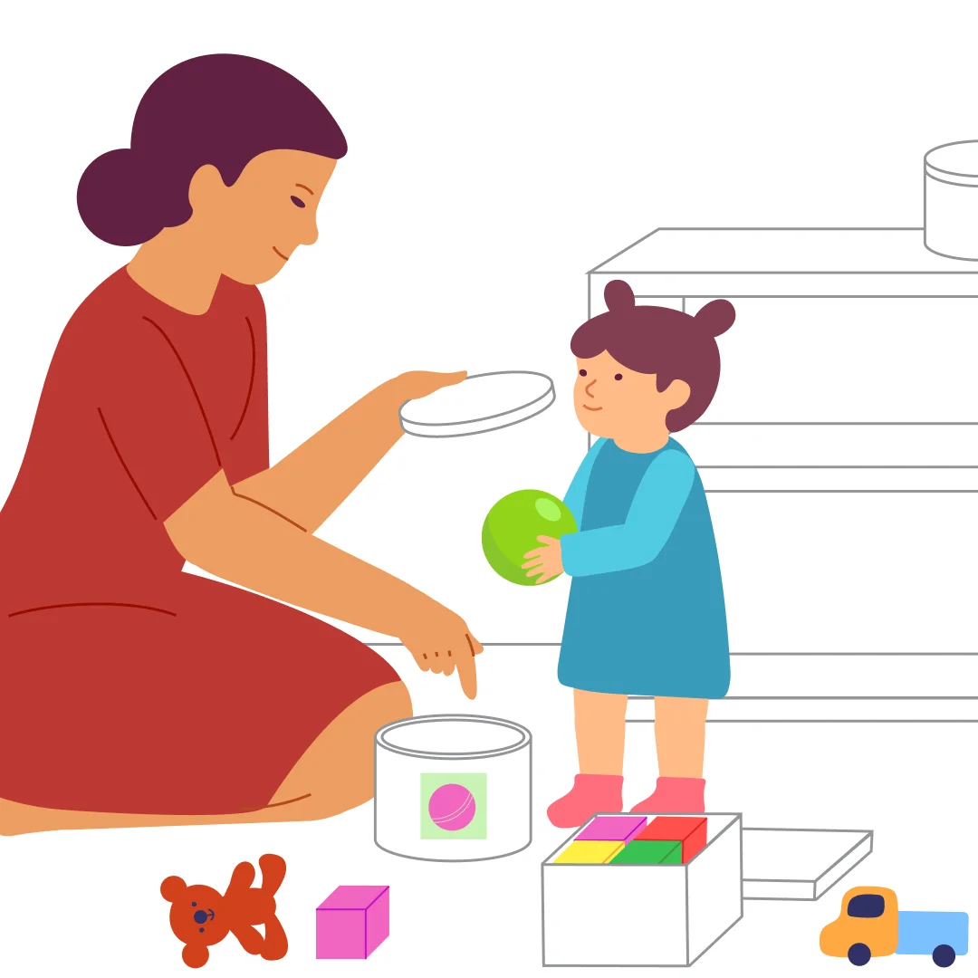 Illustration for “Tidy Up the Room!”, step 2: Point to another box: “Look, this is a round box.