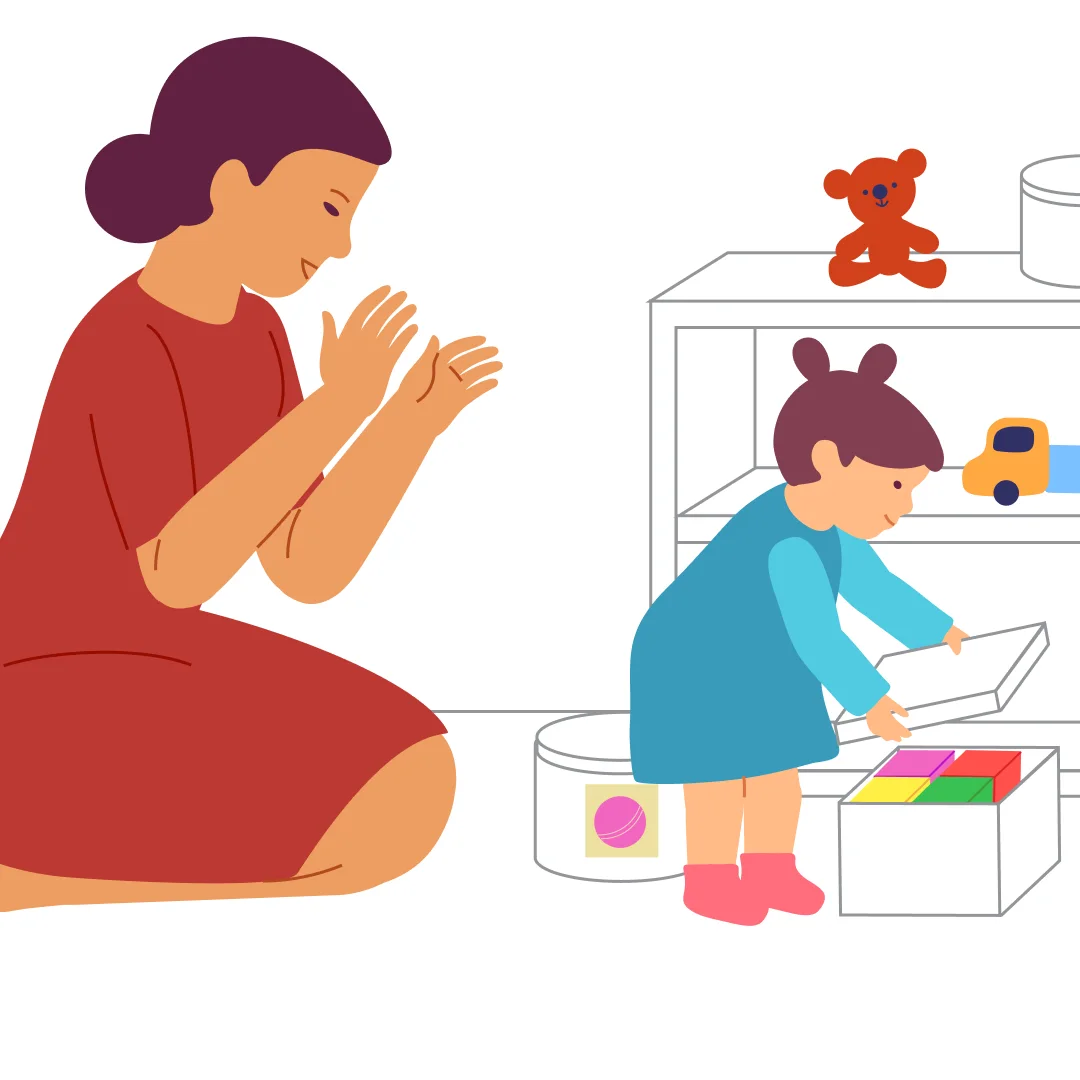 Illustration for “Tidy Up the Room!”, step 4: Encourage your child to finish by closing the square box with its lid.