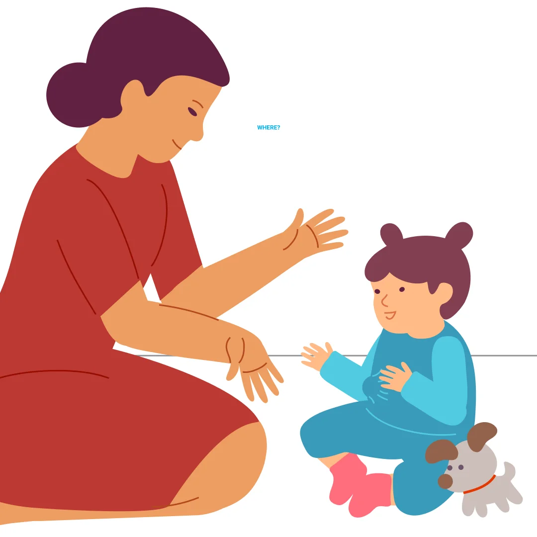 Illustration for “Find the Ball”, step 2: Act surprised: “Where is the ball?” Show the “where” gesture.