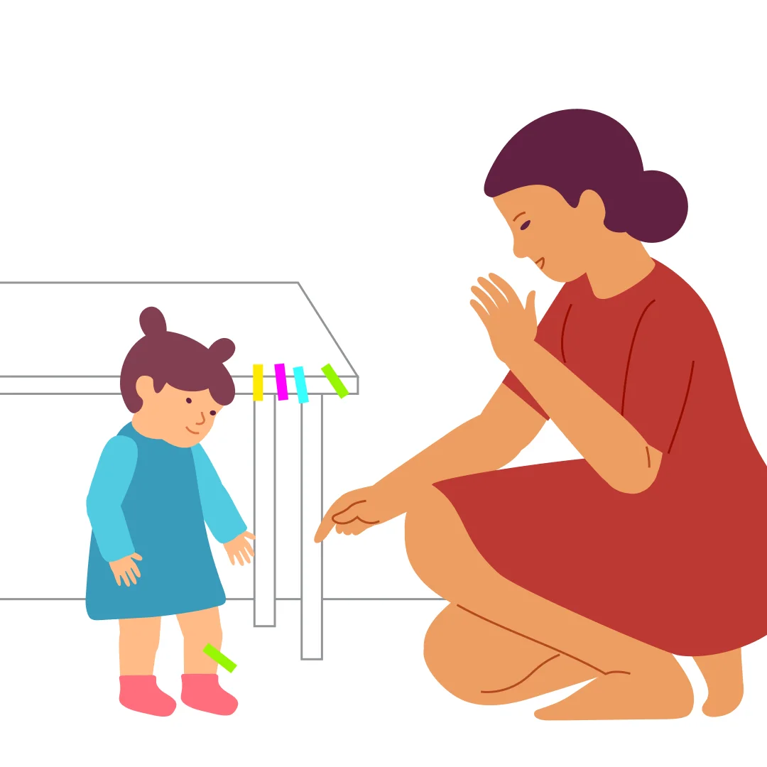 Illustration for “Body Touch Game”, step 1: Prepare colourful sticky notes and attach them along the edge of the table.