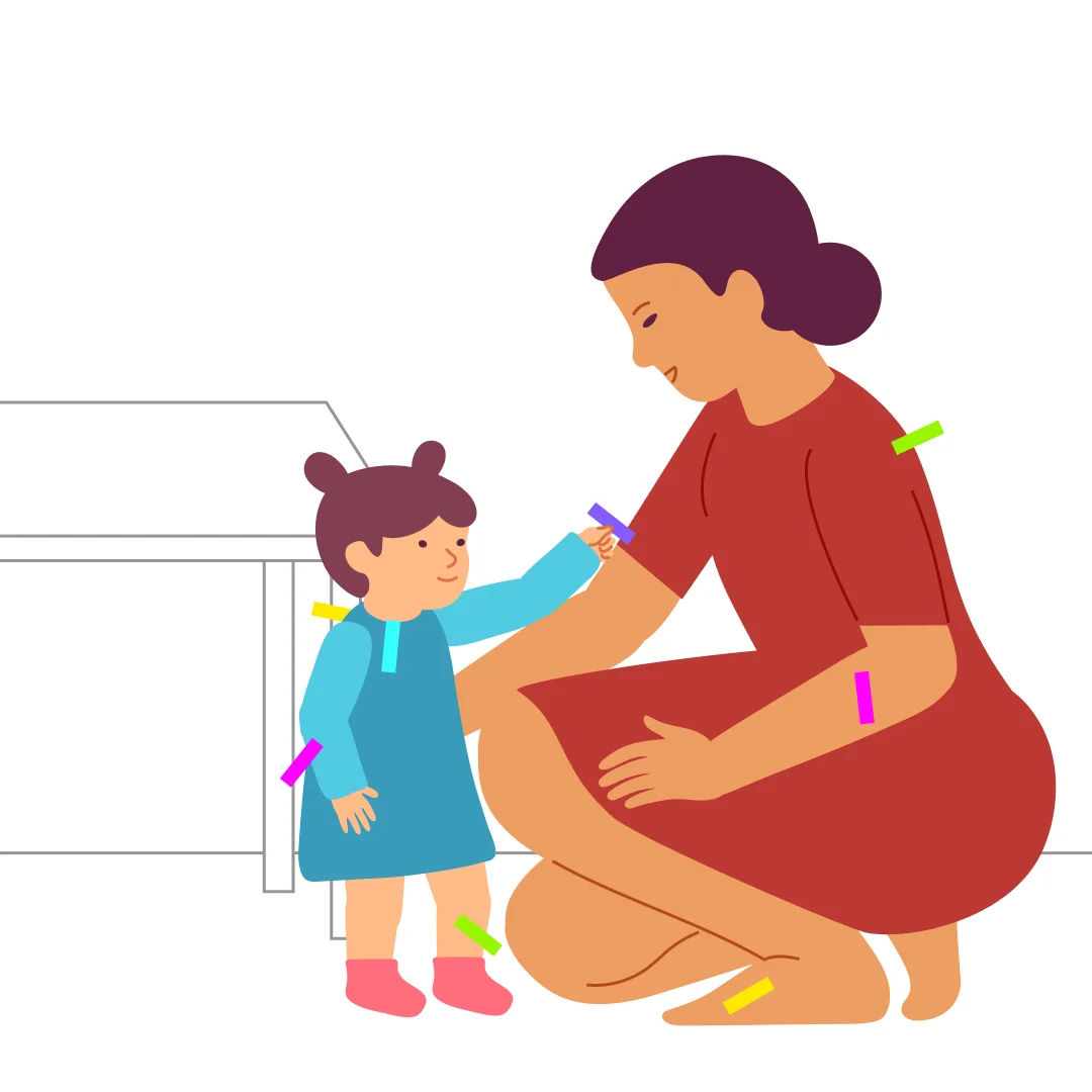 Illustration for “Body Touch Game”, step 3: Ask your child to stick a sticker on you, naming a body part but without pointing: “Stick it where my hand is?” Keep playing with all the stickers, taking turns and sticking them on your child too