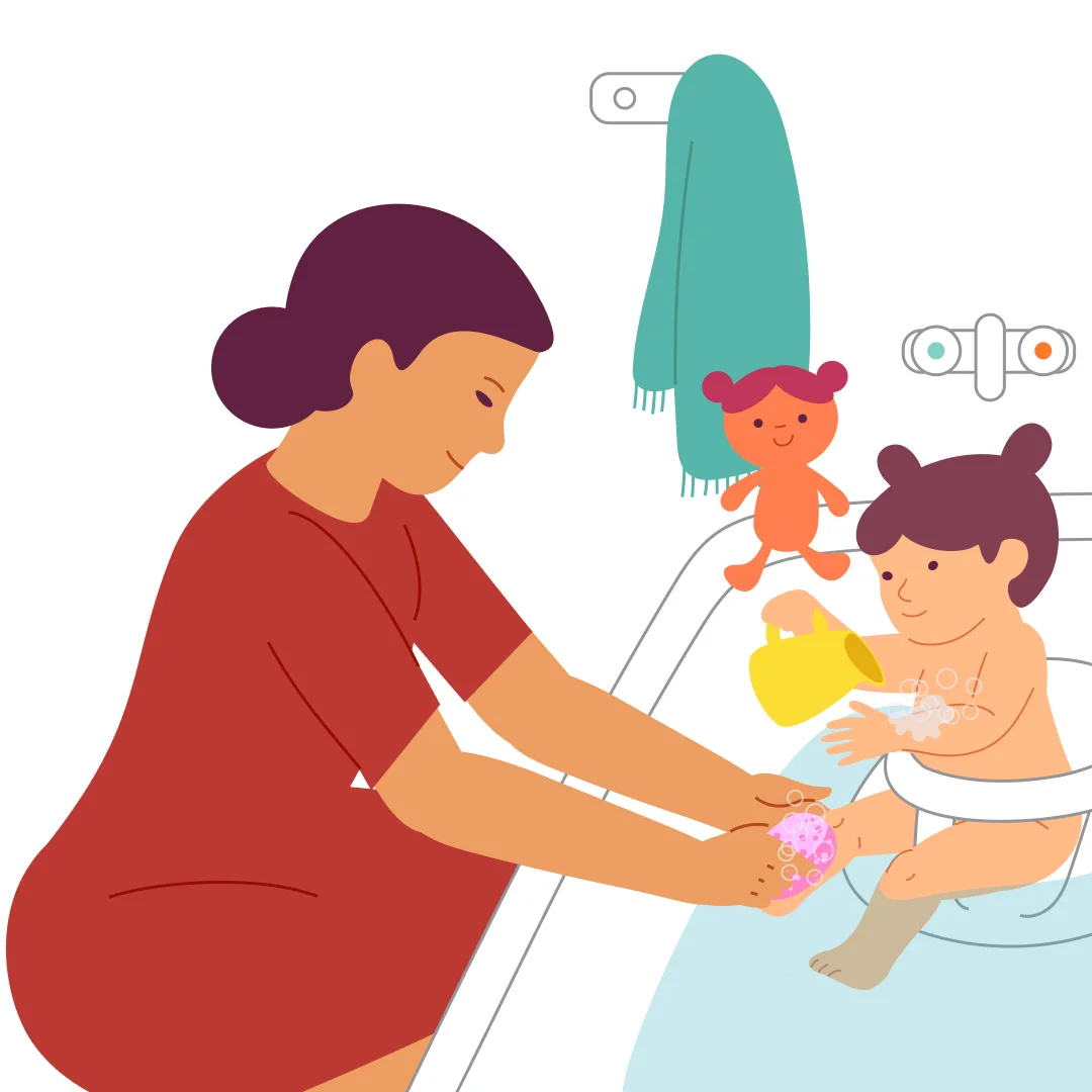 Illustration for “Wash Up”, step 3: “Now we’ll wash you.” Put a small amount of foam mousse on your child’s palm — this builds body awareness.