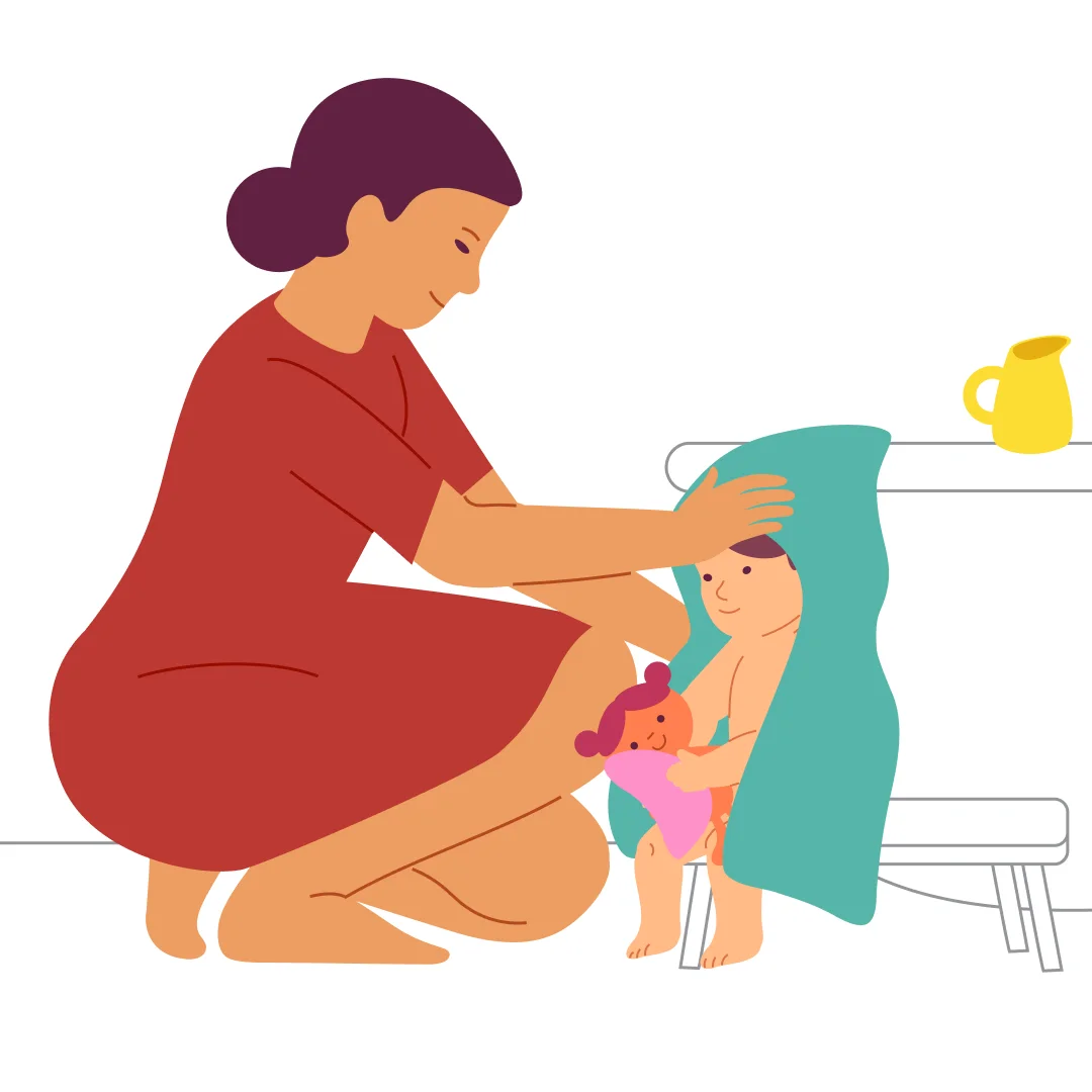Illustration for “Wash Up”, step 4: Offer your child a small towel for the doll: “Dry Dolly.